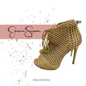 Jessica Simpson Caged Lace Up Lattice Peep Toe Stiletto Bootie Tan